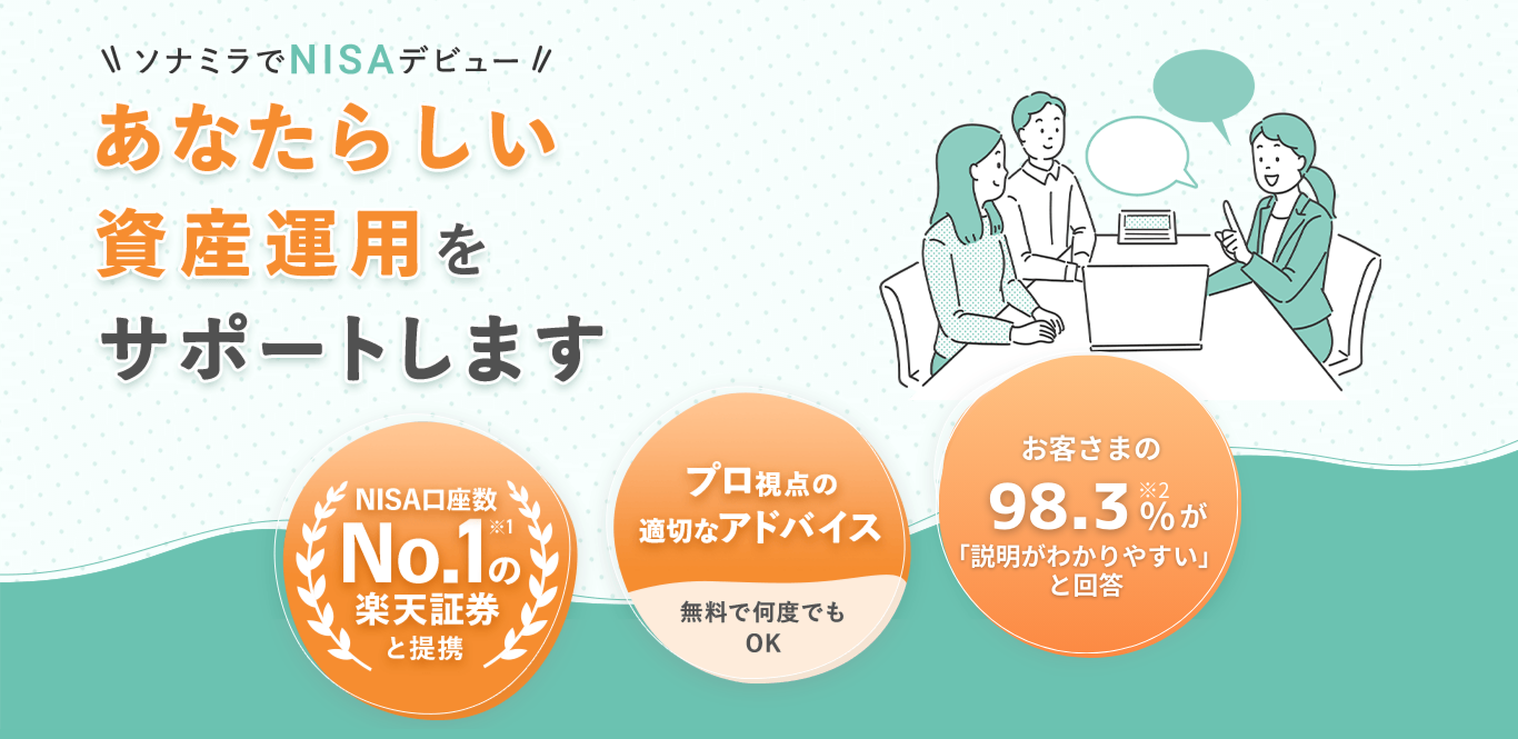 ソナミラでNISAデビュー。あなたの資産運用をサポートします。2,500以上の投資信託から選択可能、ぴったりの商品選びをサポート。プロ視点の適切なアドバイス、保険の相談もOK。お客様の96.9%が「説明がわかりやすい」と回答。
