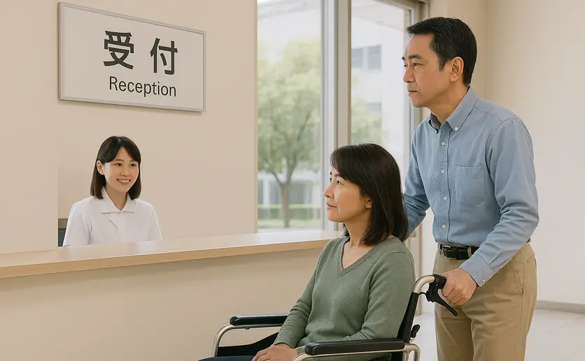 車いすで病院を訪れる夫婦